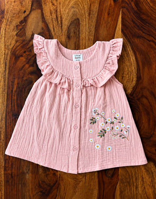 Muslin Cotton Floral Embroidered Ruffle Frock
