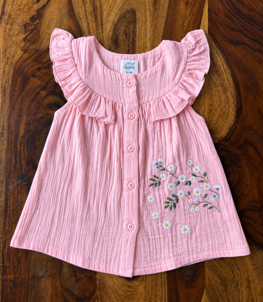 Muslin Cotton Floral Embroidered Ruffle Frock