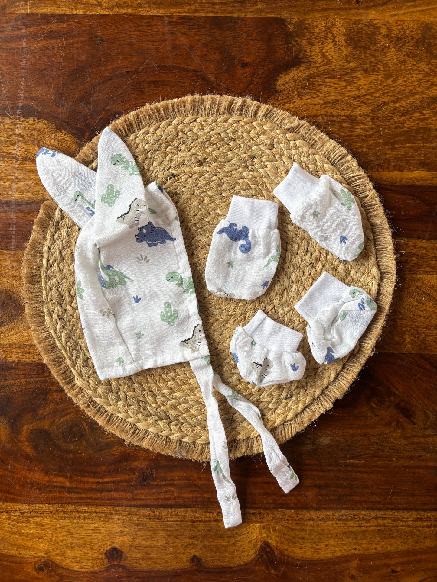 Muslin Mittens, Booties & Cap Set