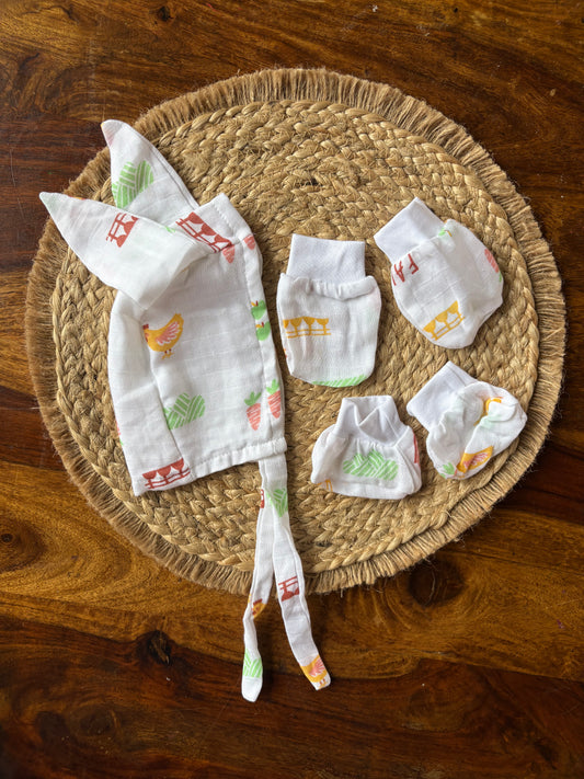 Muslin Mittens, Booties & Cap Set