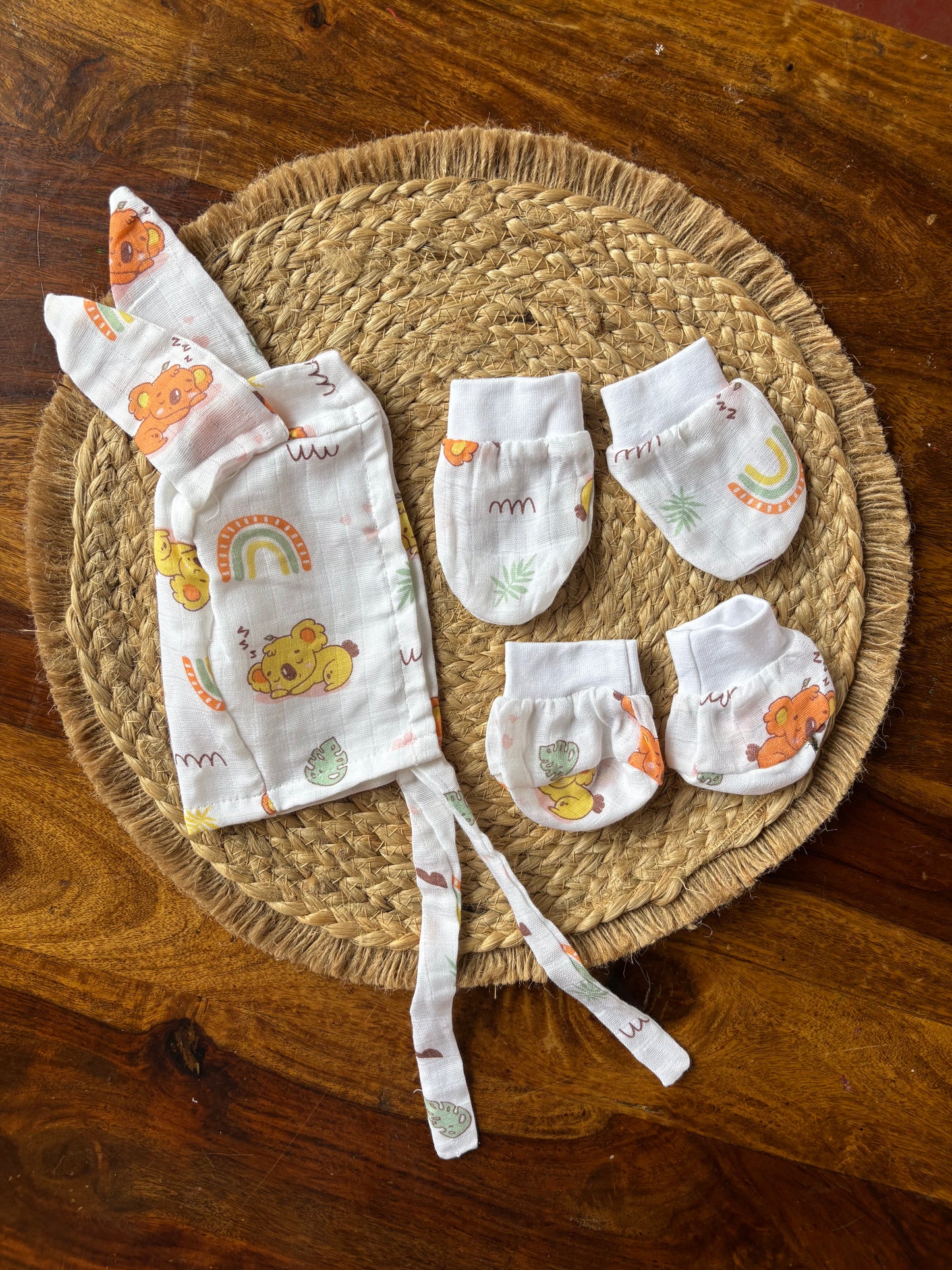 Muslin Mittens, Booties & Cap Set
